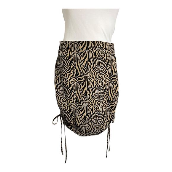 LE LIS Skirt Women's Small Tan Black Animal Print Ruched Drawstring Mini - Picture 1 of 8